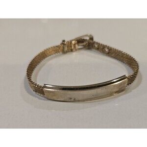 Vintage Gold Tone Mesh ID Bracelet Engravable Bar Buckle Clasp Unisex #1314